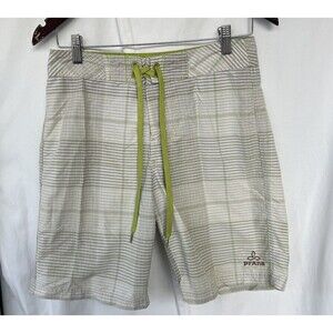 PrAna Men’s Drawstring Plaid Board Shorts Size 28 Green UPF 50+ Surf Swim Beach